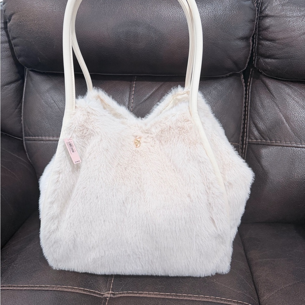 Cream Faux Fur Tote Bag with Gold Accent - Unbranded